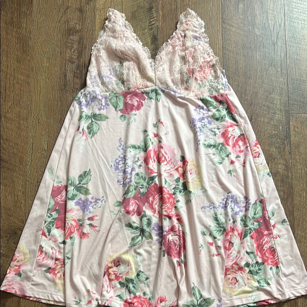 Pink and White Lace Trim Chemise with Floral Print